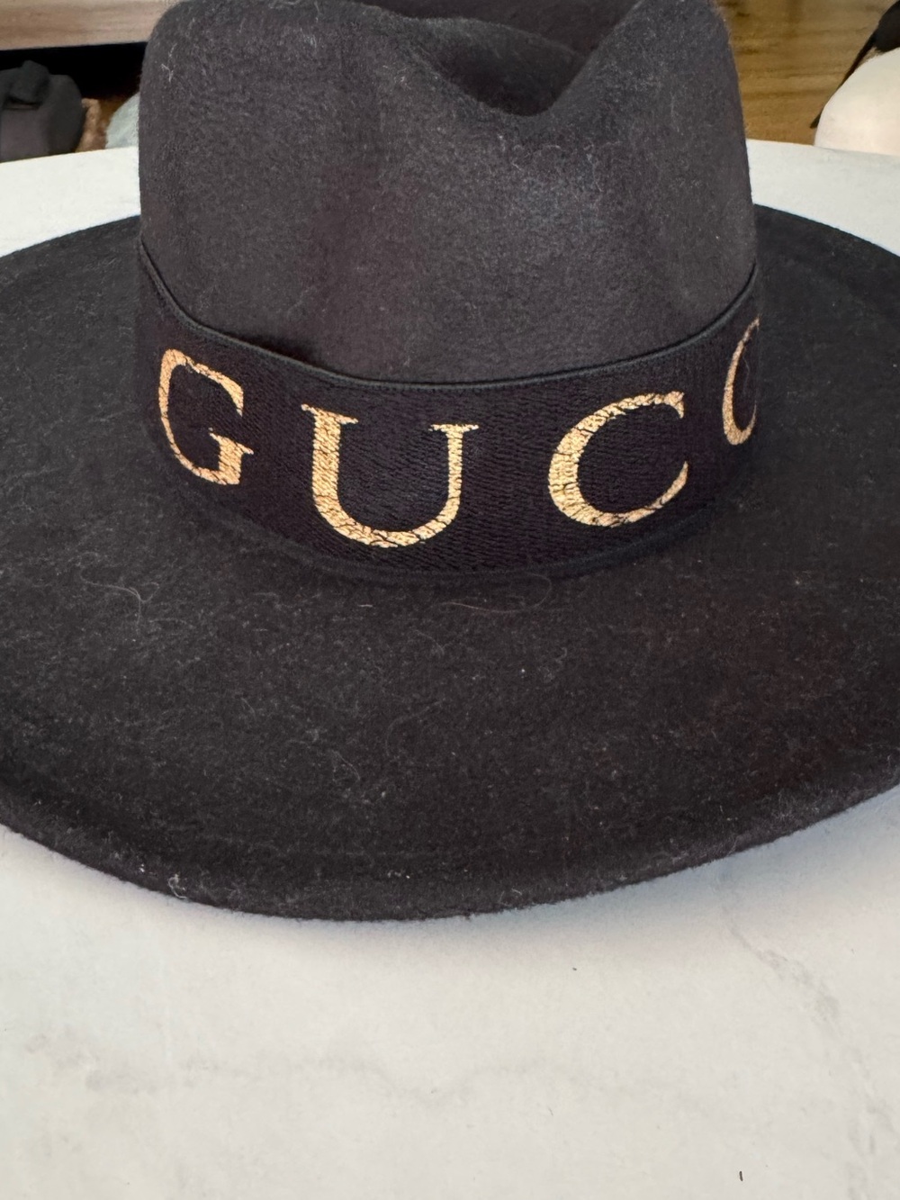 Gucci Black Wide-Brim Fedora with Gold Logo Band